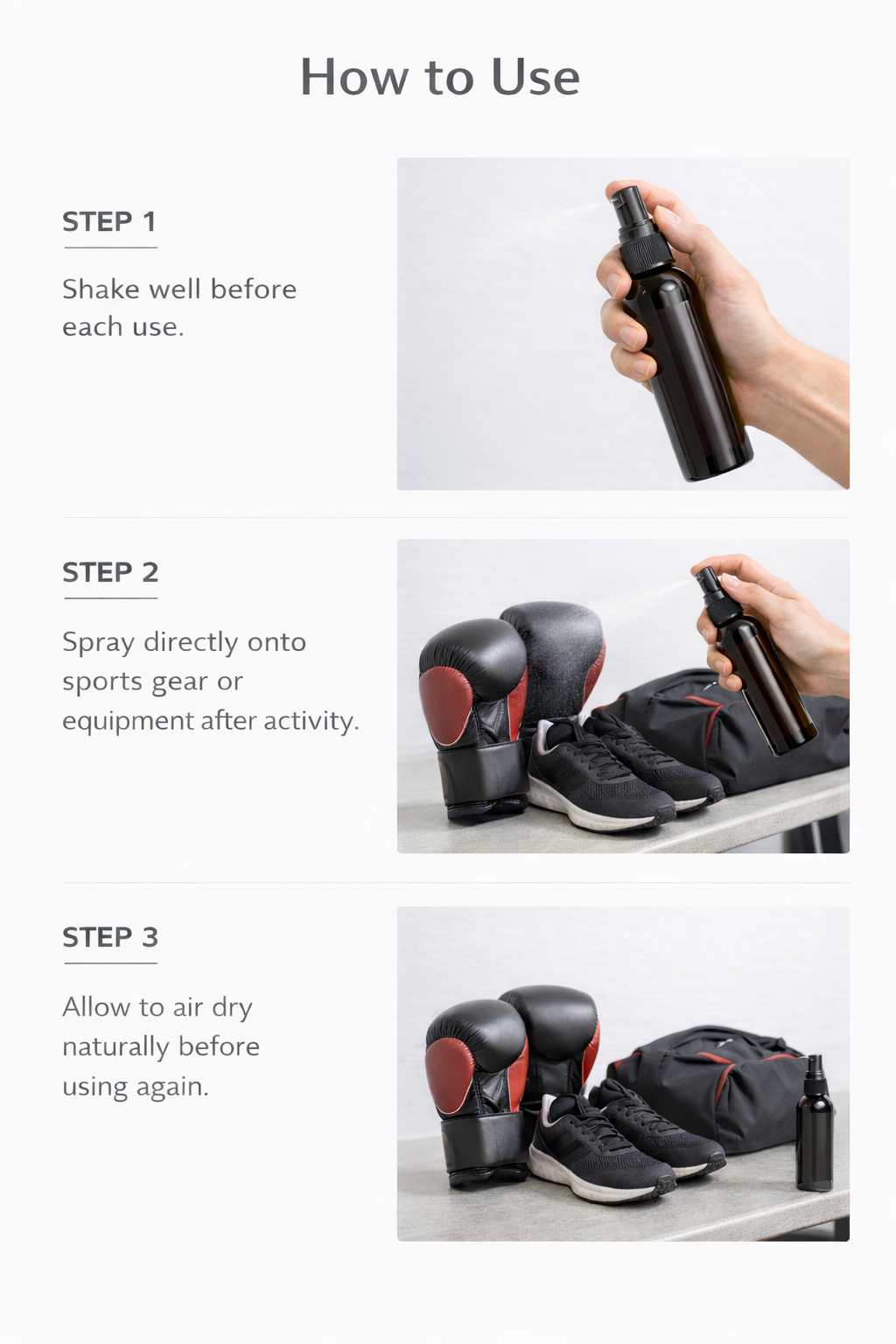 How to use OdorKO deodorizer spray on sports gear, showing steps to shake, spray, and air dry boxing gloves and shoes