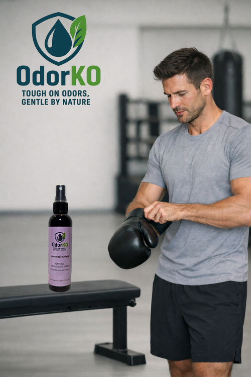 Man holding boxing gloves with OdorKO Lavender Shield deodorizing spray and logo in a gym