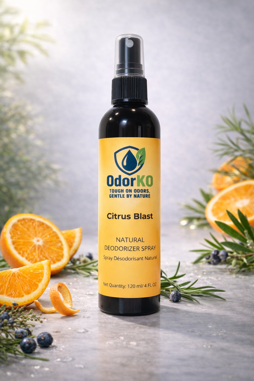 OdorKO Citrus Blast natural deodorizer spray bottle surrounded by fresh orange slices and citrus elements on a light background