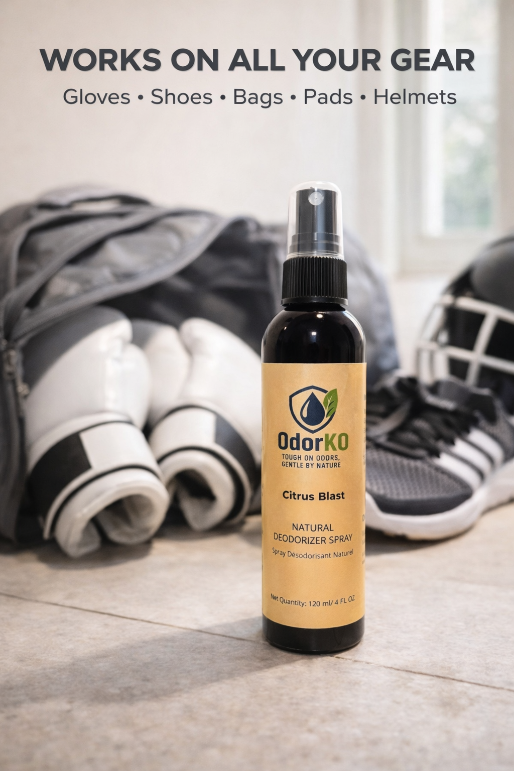 OdorKO Citrus Blast natural deodorizer spray for sports gear including boxing gloves, shoes, gym bags, pads, and helmets