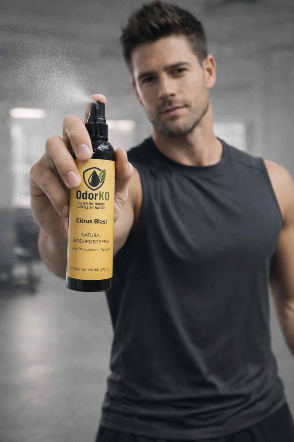 Man spraying OdorKO Citrus Blast natural sports gear deodorizer spray in a gym