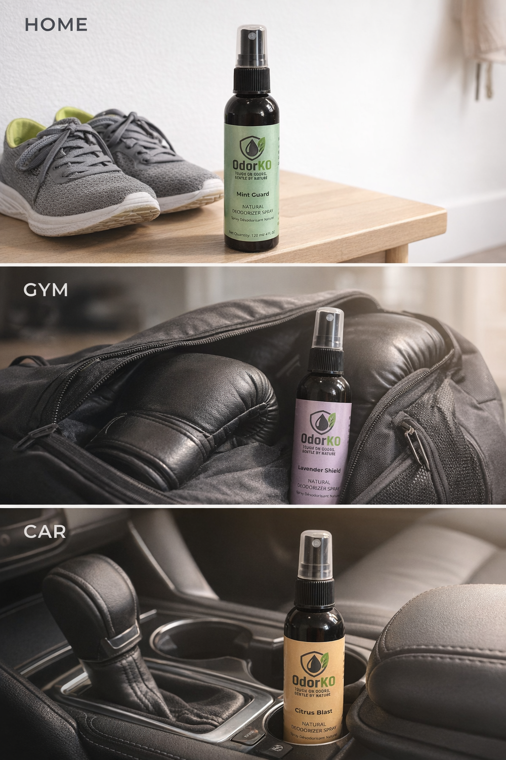 OdorKO natural deodorizer spray used at home with shoes, in a gym bag with boxing gloves, and in a car interior with mint, lavender, and citrus scents