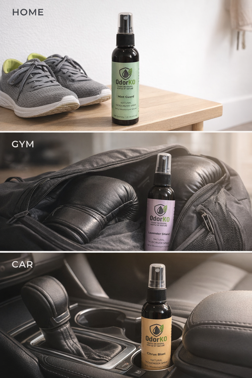 OdorKO natural deodorizer spray used at home with shoes, in a gym bag with boxing gloves, and in a car interior with mint, lavender, and citrus scents