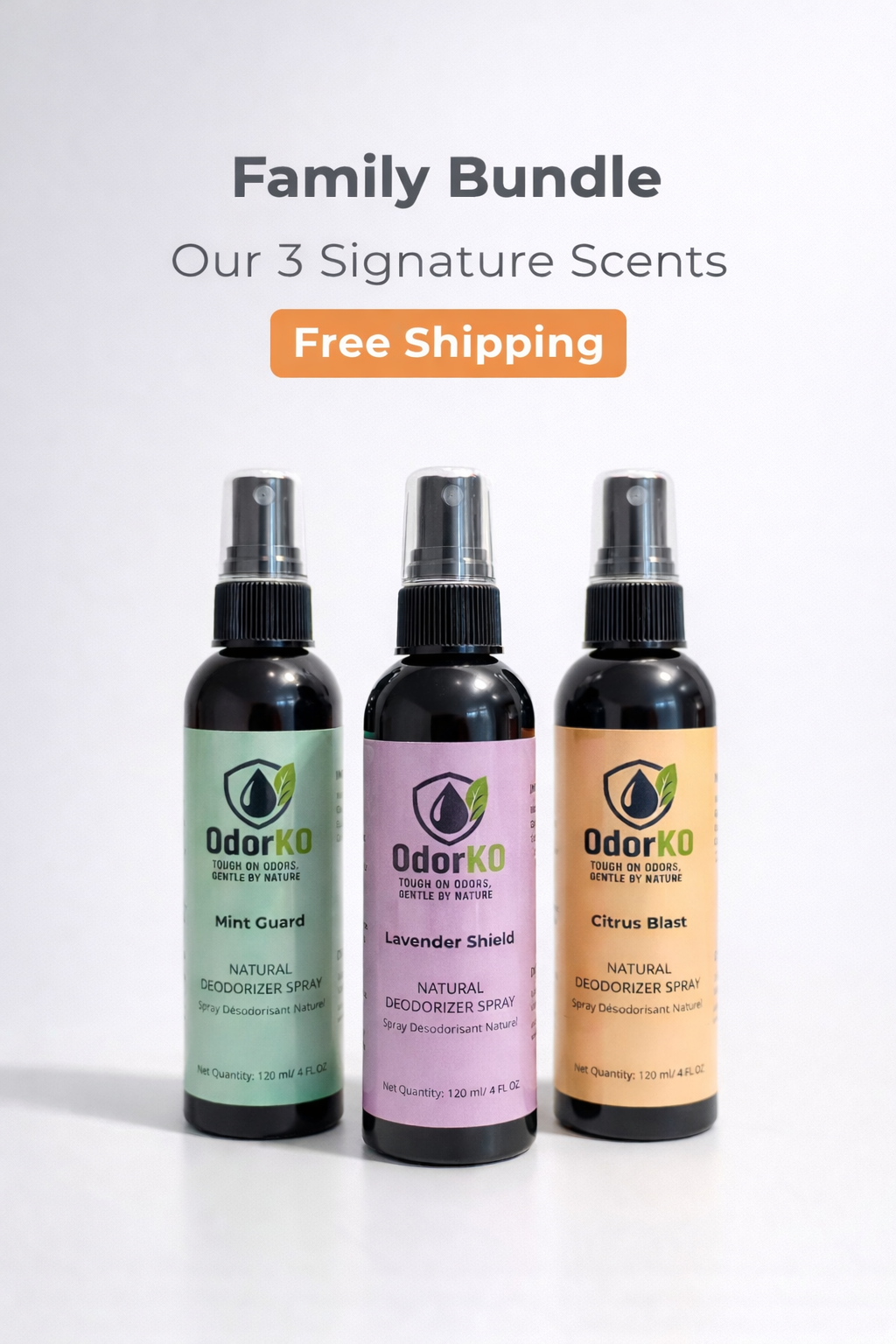 OdorKO family bundle natural deodorizer spray with Mint Guard, Lavender Shield, and Citrus Blast three pack with free shipping