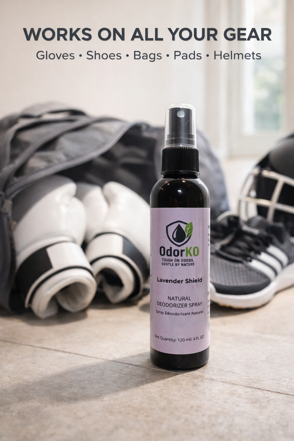 OdorKO Lavender Shield natural deodorizer spray for sports gear including boxing gloves, shoes, gym bags, pads, and helmets