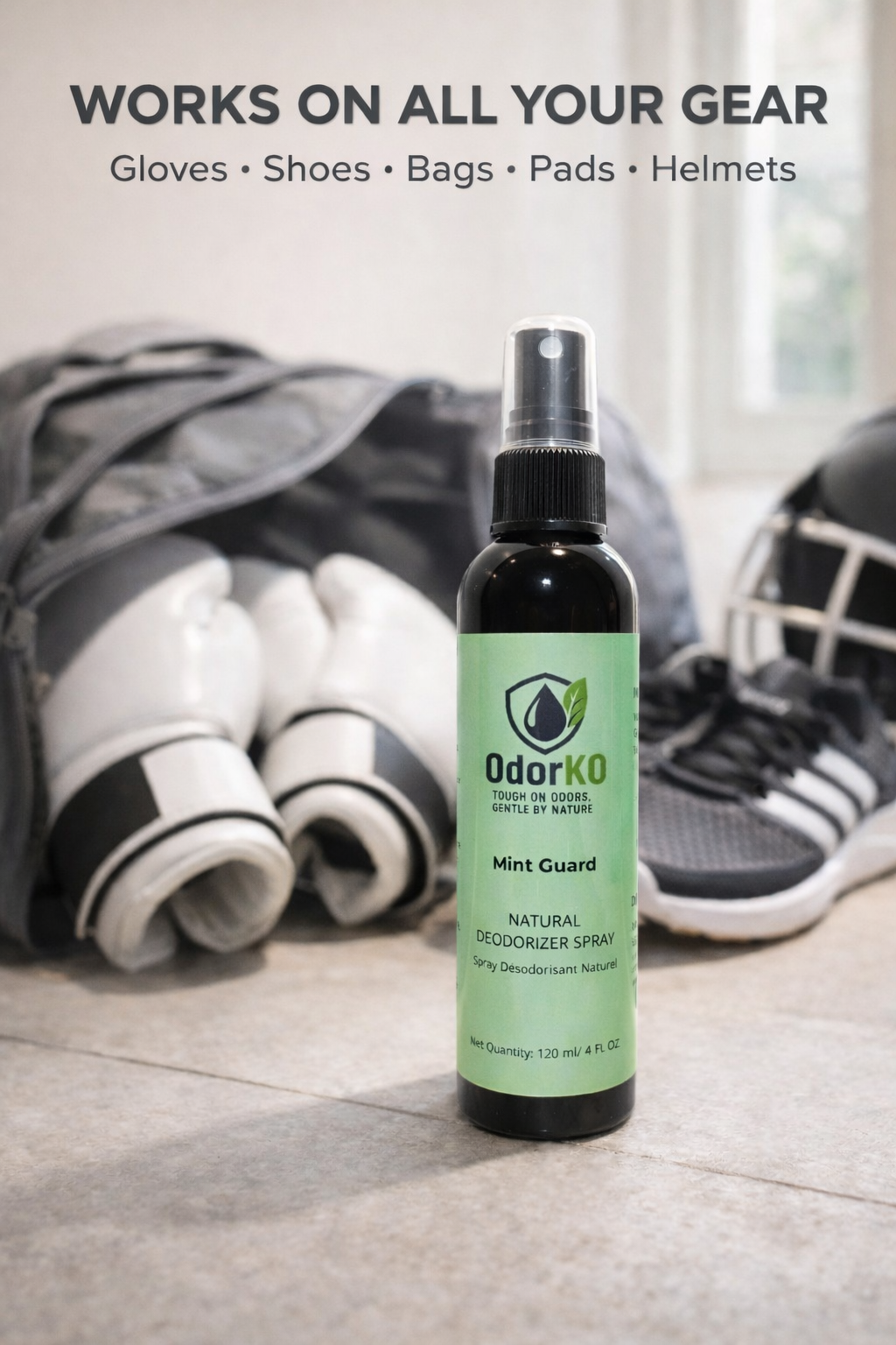 OdorKO Mint Guard natural deodorizer spray for sports gear including boxing gloves, shoes, gym bags, pads, and helmets