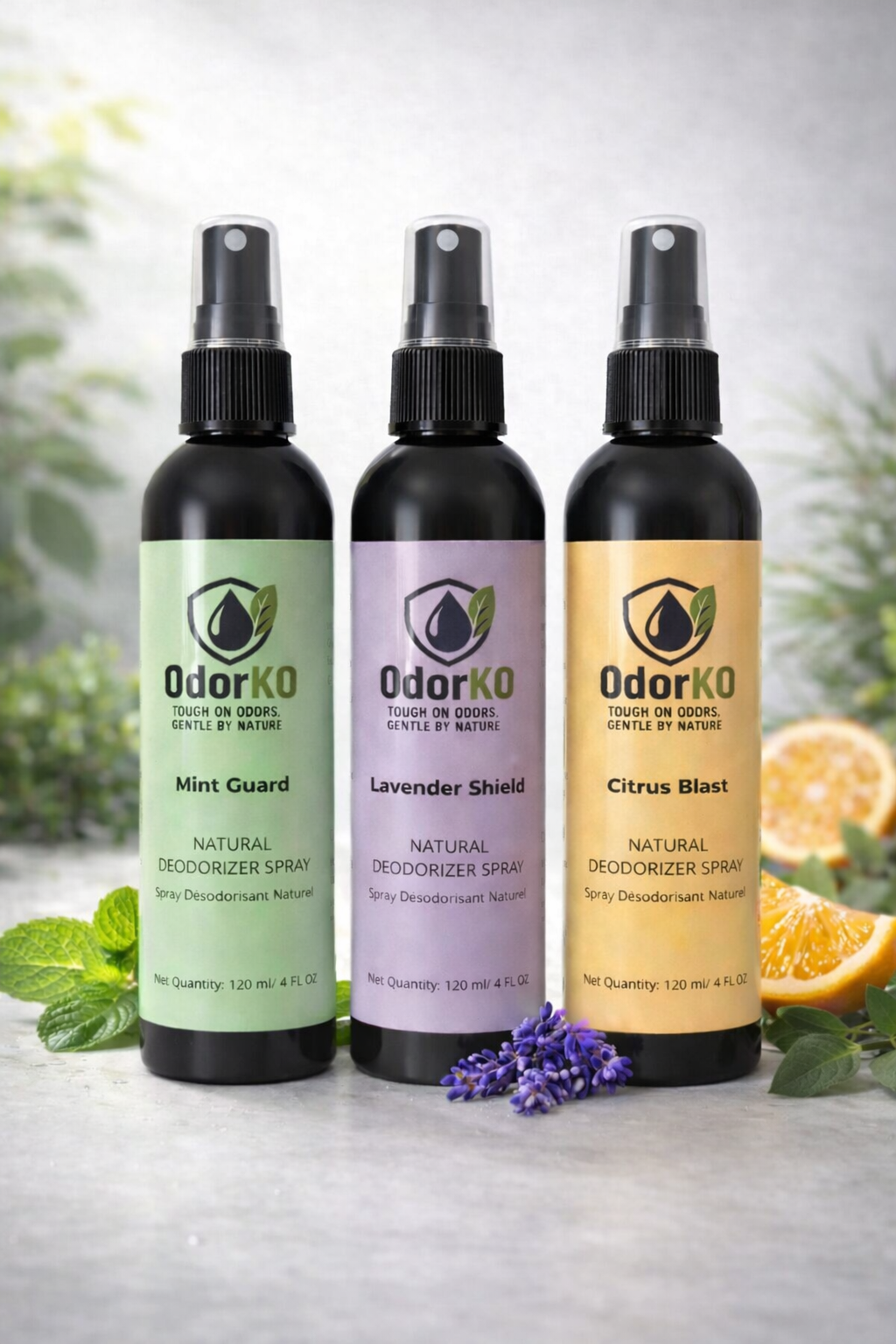 OdorKO natural deodorizer spray 3 pack featuring Mint Guard, Lavender Shield, and Citrus Blast for sports gear odor removal